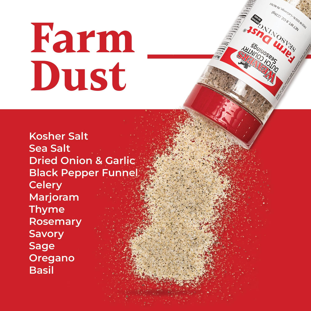 Farm Dust Seasoning on kitchen shelf for versatile flavor boosts at mealtime.