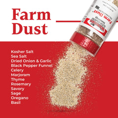 Farm Dust Seasoning on kitchen shelf for versatile flavor boosts at mealtime.