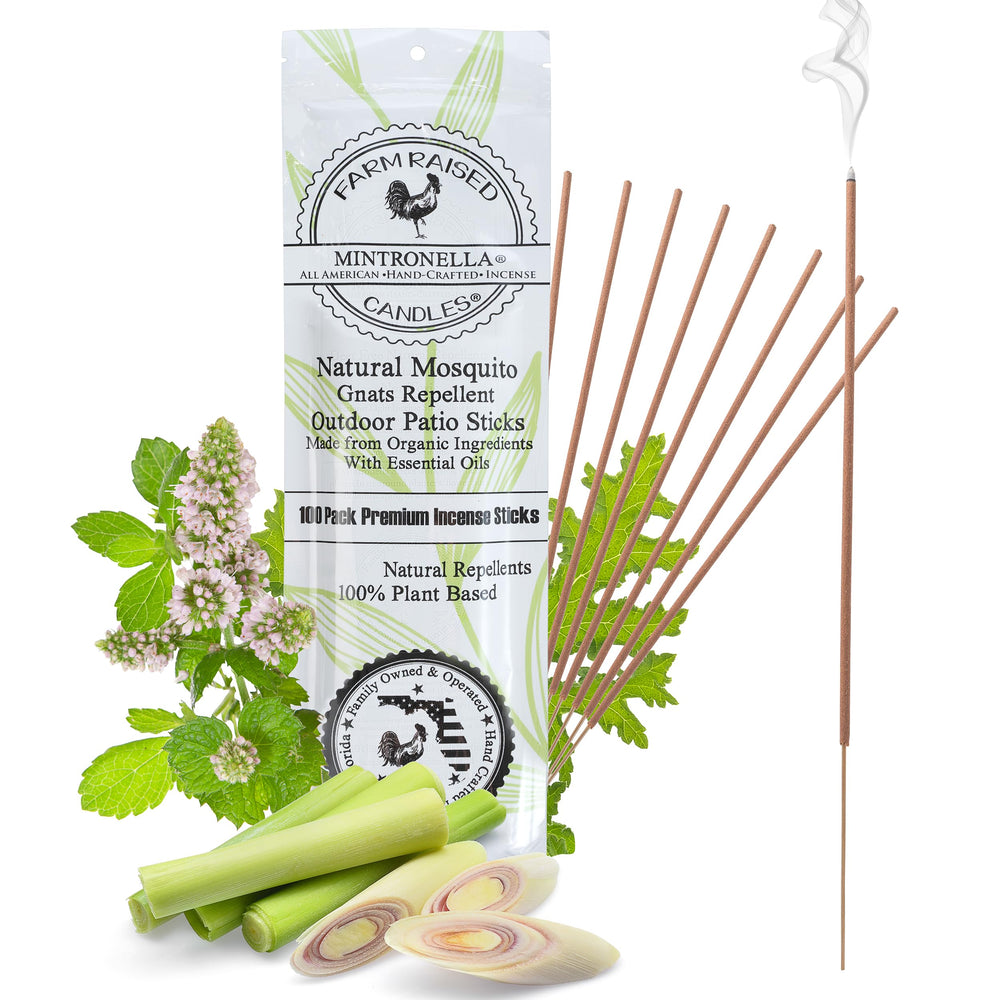 Farm Raised Candles Mintronella incense sticks in 11-inch packaging emit a citrus outdoor fragrance.