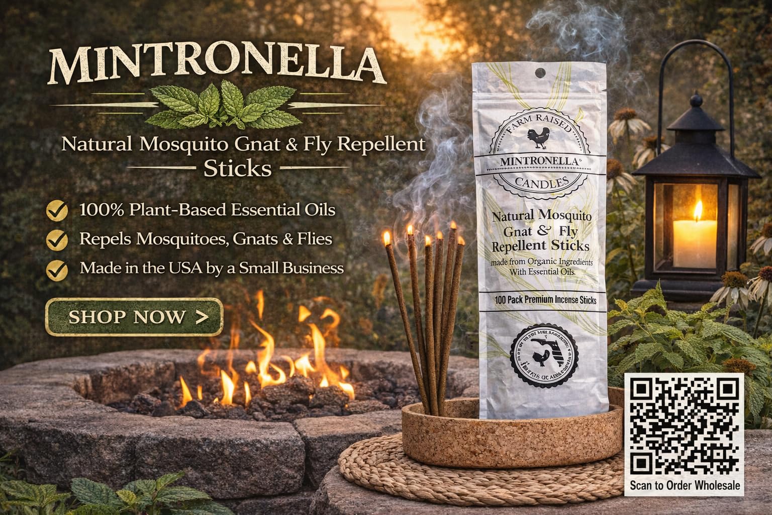 Farm Raised Candles Mintronella 100-pack provides long-lasting outdoor fragrance for gatherings.