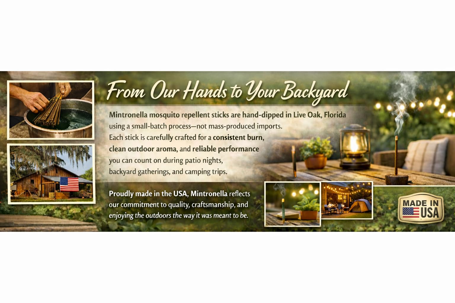 Farm Raised Candles Mintronella outdoor sticks are ideal for patios, campouts, and backyard gatherings.