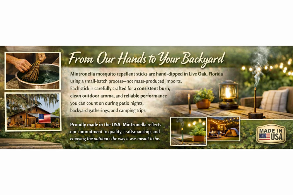Farm Raised Candles Mintronella outdoor sticks are ideal for patios, campouts, and backyard gatherings.