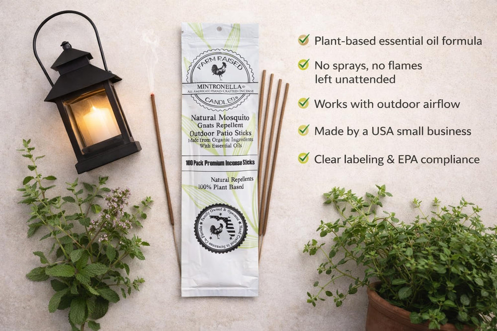 Farm Raised Candles Mintronella sticks target gnats and no-see-ums with a botanical blend.