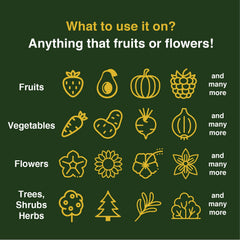 Farmer's Secret all-plant-use illustration shows versatile care for fruits, vegetables, and flowers.