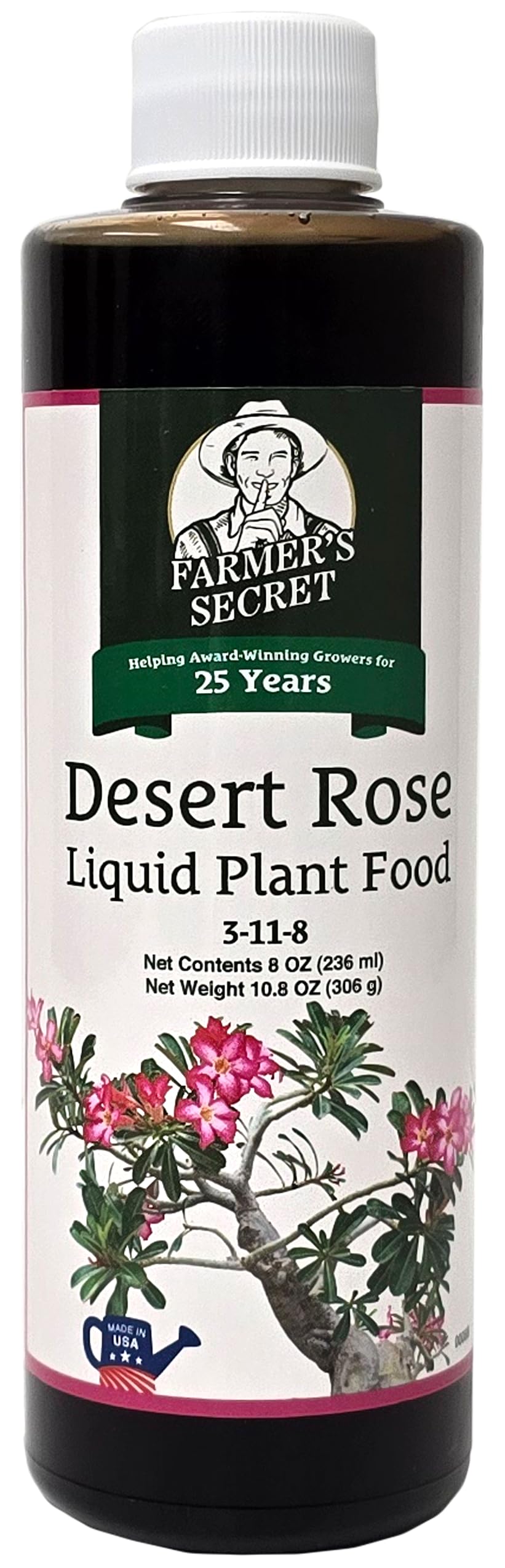 Farmer's Secret Desert Rose liquid fertilizer bottle delivering targeted bloom and trunk growth.