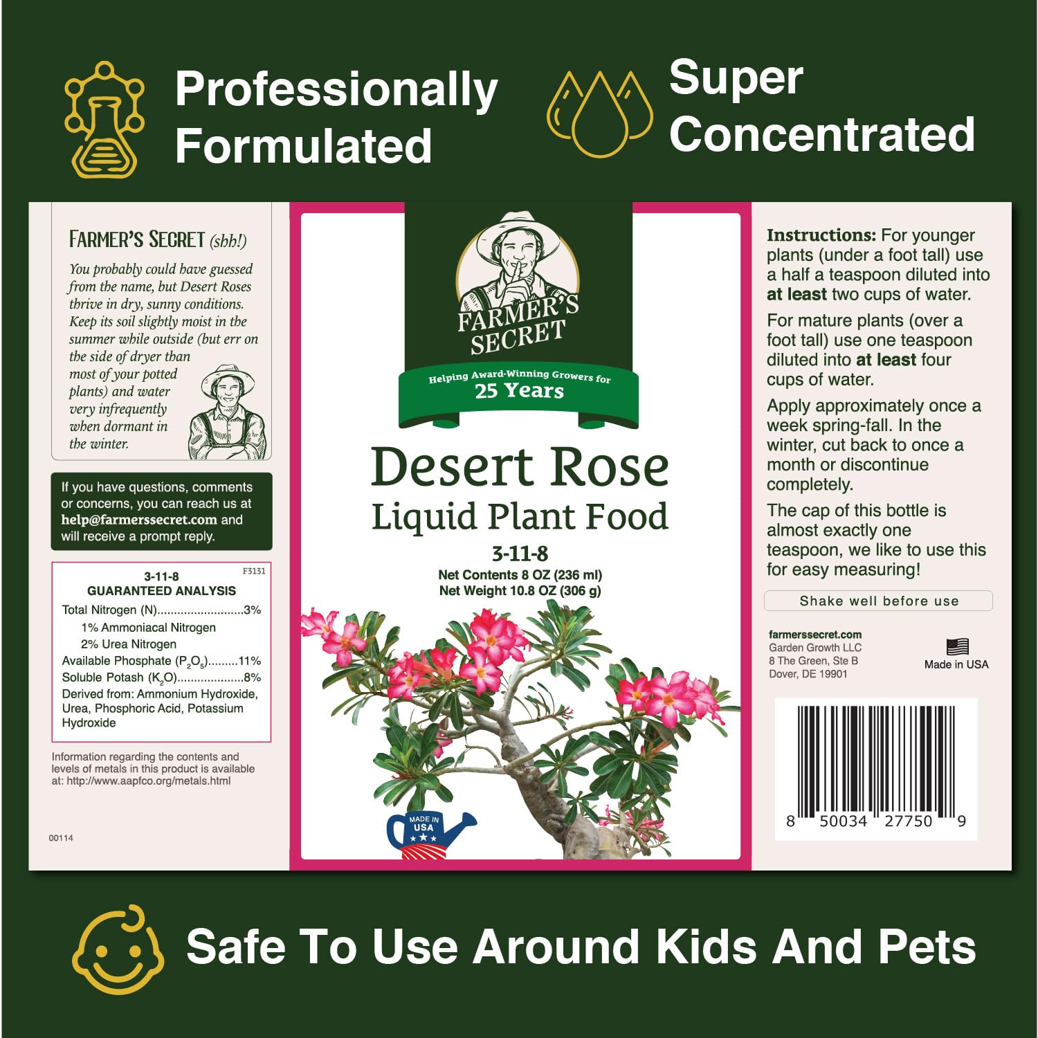 Farmer's Secret Desert Rose measuring spoon for precise weekly dilution.
