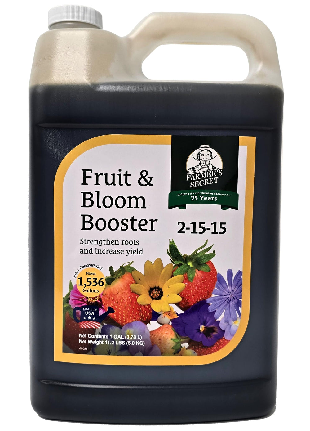 Farmer’s Secret Fruit & Bloom Booster bottle pour feeds fruiting plants for vibrant blooms.