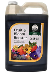 Farmer’s Secret Fruit & Bloom Booster bottle pour feeds fruiting plants for vibrant blooms.