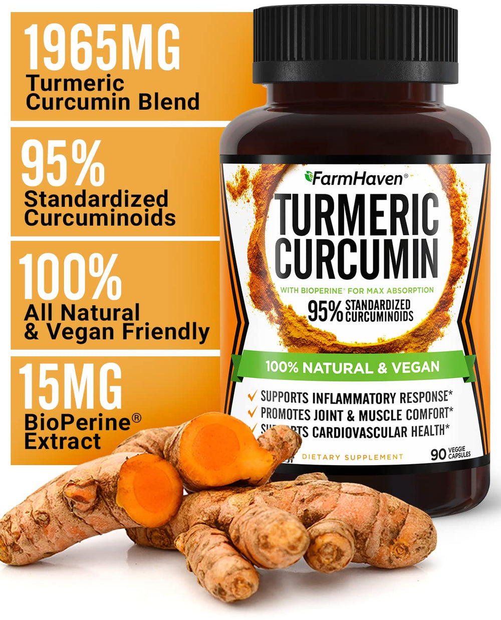 FarmHaven bioperine close-up highlighting absorption-boost for curcumin.