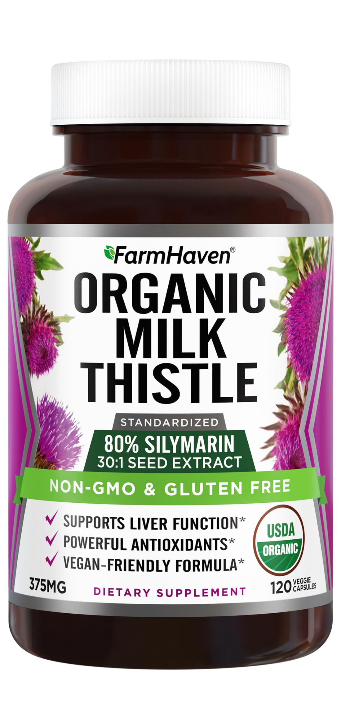 FarmHaven Milk Thistle capsules bottle showing potent 30:1 extract for daily wellness.