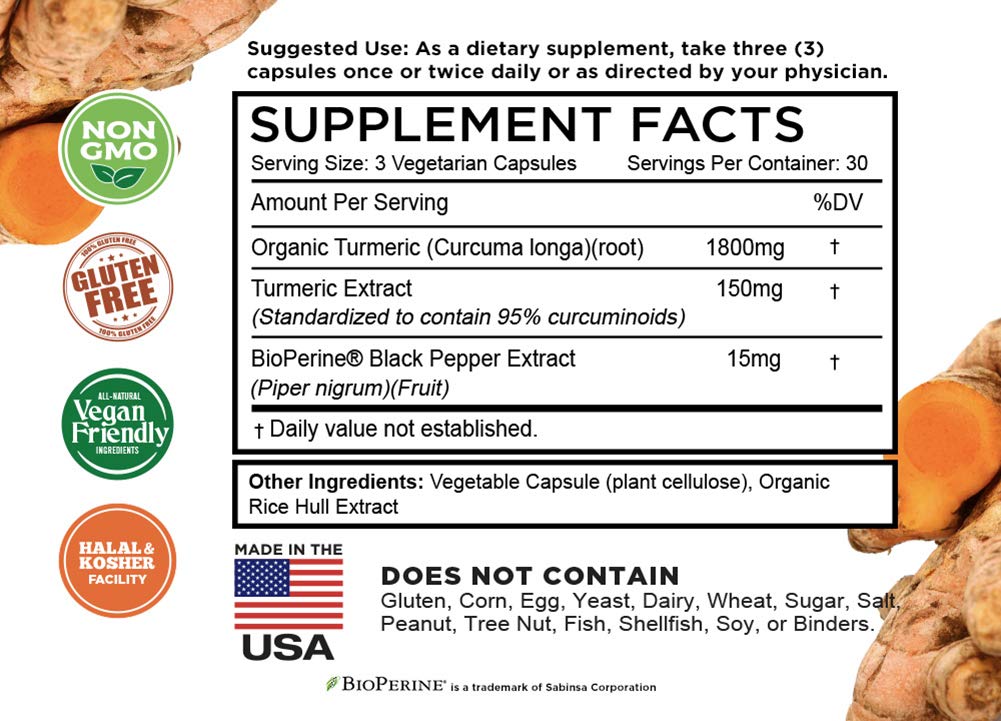 FarmHaven NSF-CGMP facility badge beside turmeric product.