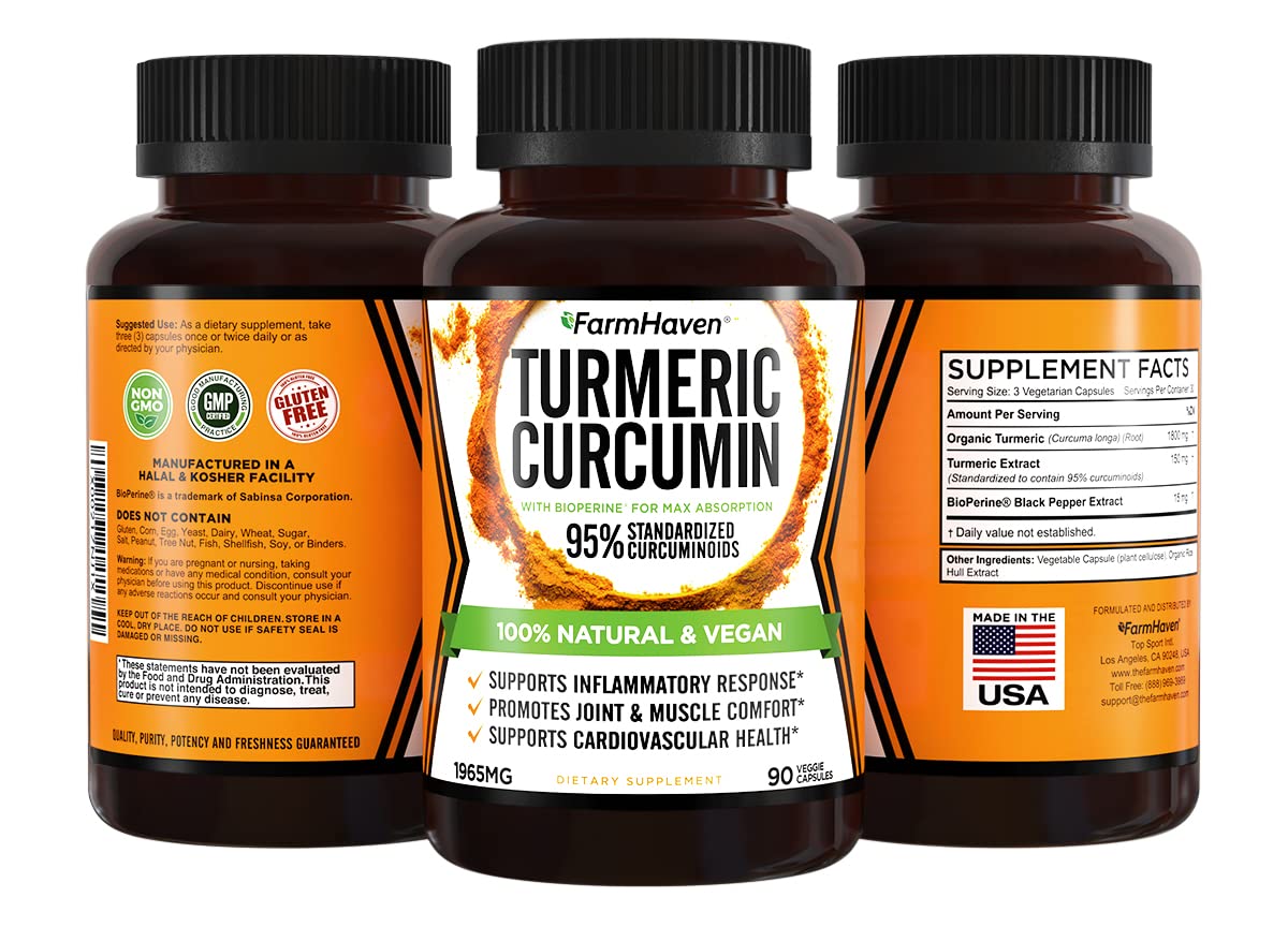 FarmHaven capsules close-up showing rich turmeric color for antioxidant support.