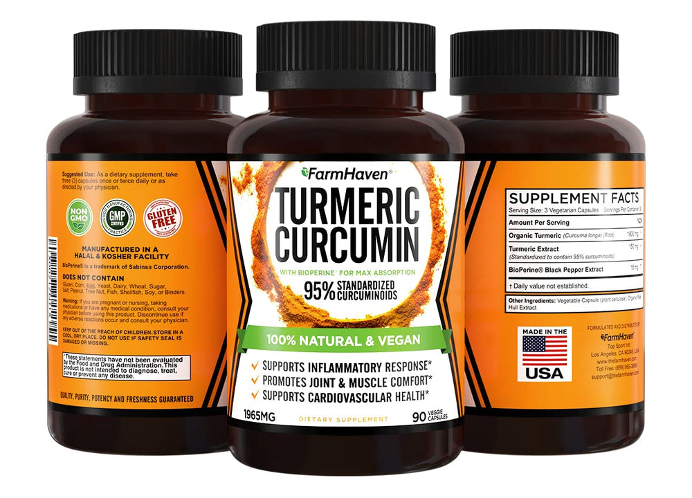 FarmHaven capsules close-up showing rich turmeric color for antioxidant support.