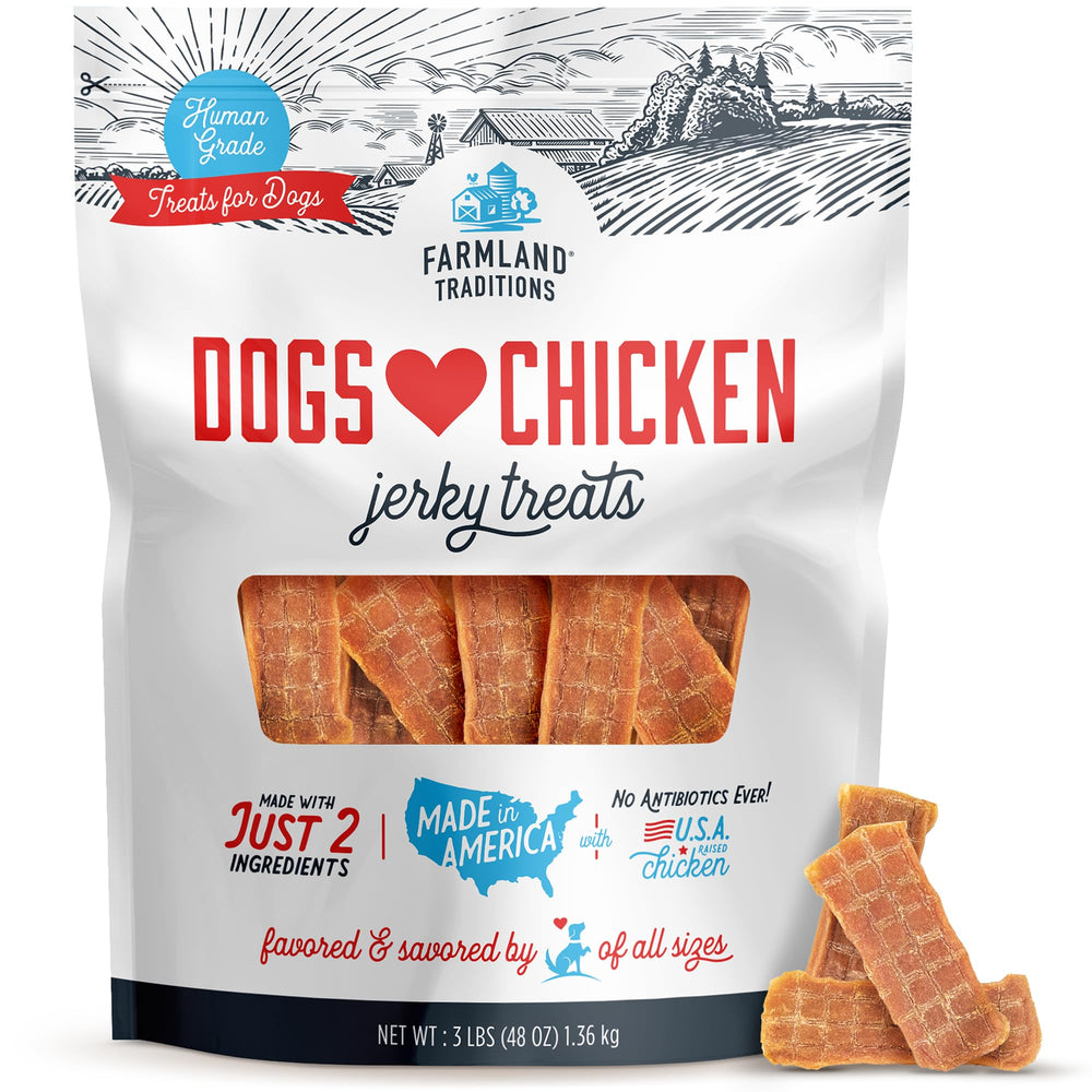 Farmland Traditions chicken jerky bag front view, premium two-ingredient treat for dogs