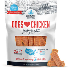 Farmland Traditions chicken jerky bag front view, premium two-ingredient treat for dogs