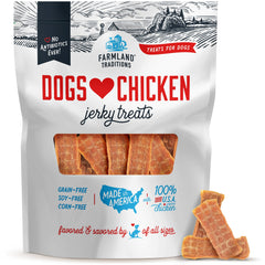 Farmland Traditions Dogs Love Chicken Jerky bag front shows wholesome USA chicken protein.