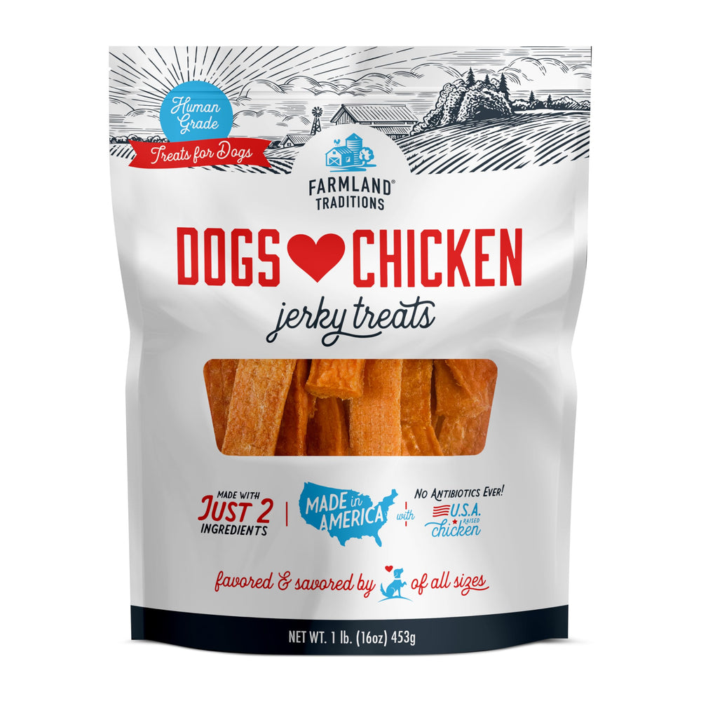 Farmland Traditions Dogs Love Chicken Jerky pack with protein-rich treats for training rewards.