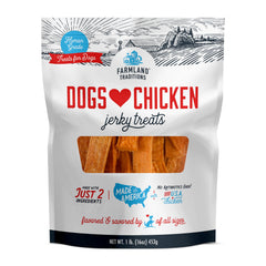 Farmland Traditions Dogs Love Chicken Jerky pack with protein-rich treats for training rewards.