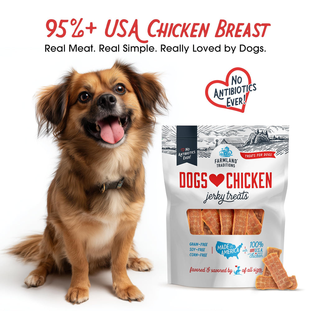 Farmland Traditions chicken jerky close-up highlights USA-raised chicken.