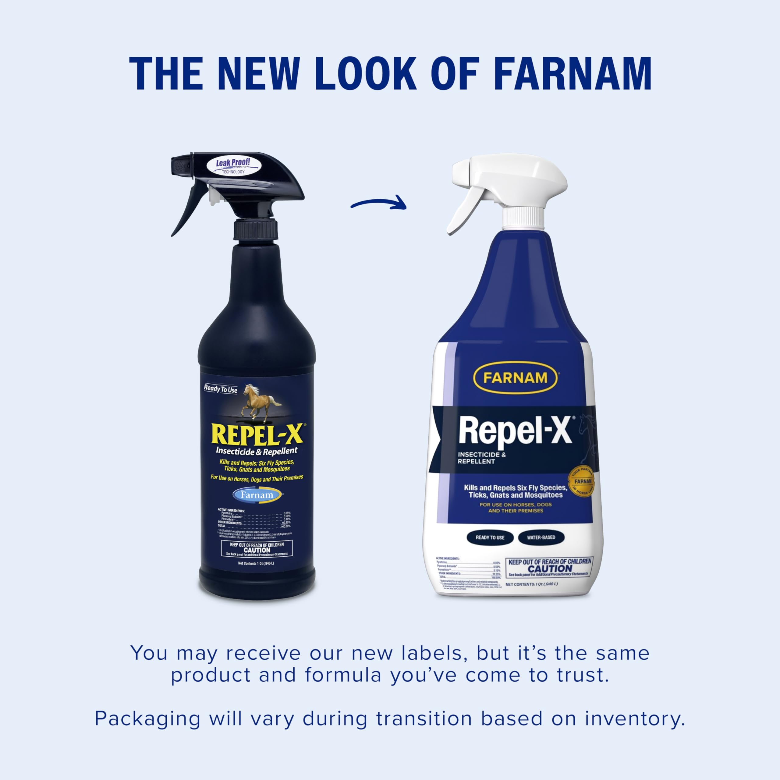 Farnam Repel-X bottle label close-up showing multi-pest protection claim.