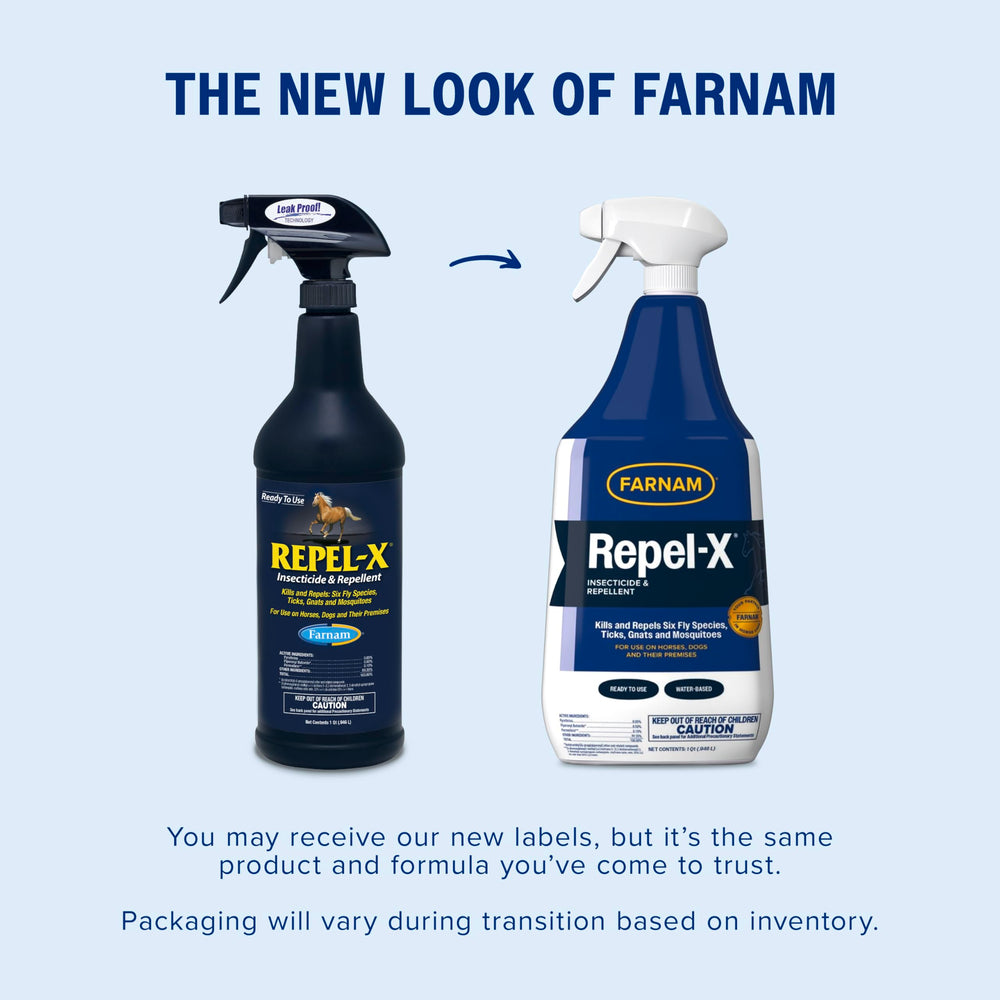 Farnam Repel-X bottle label close-up showing multi-pest protection claim.