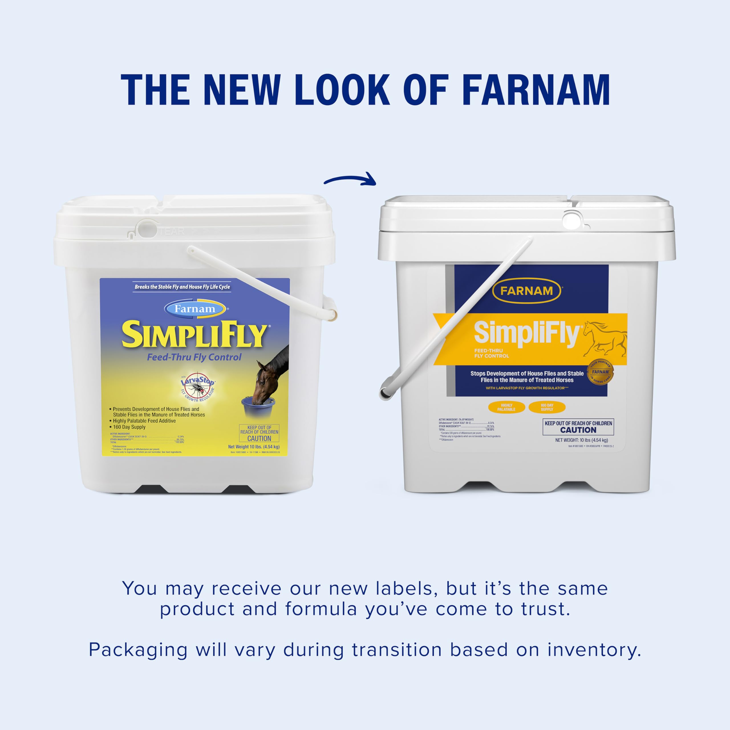Farnam SimpliFly 10 lb bucket shown for daily feeding program.