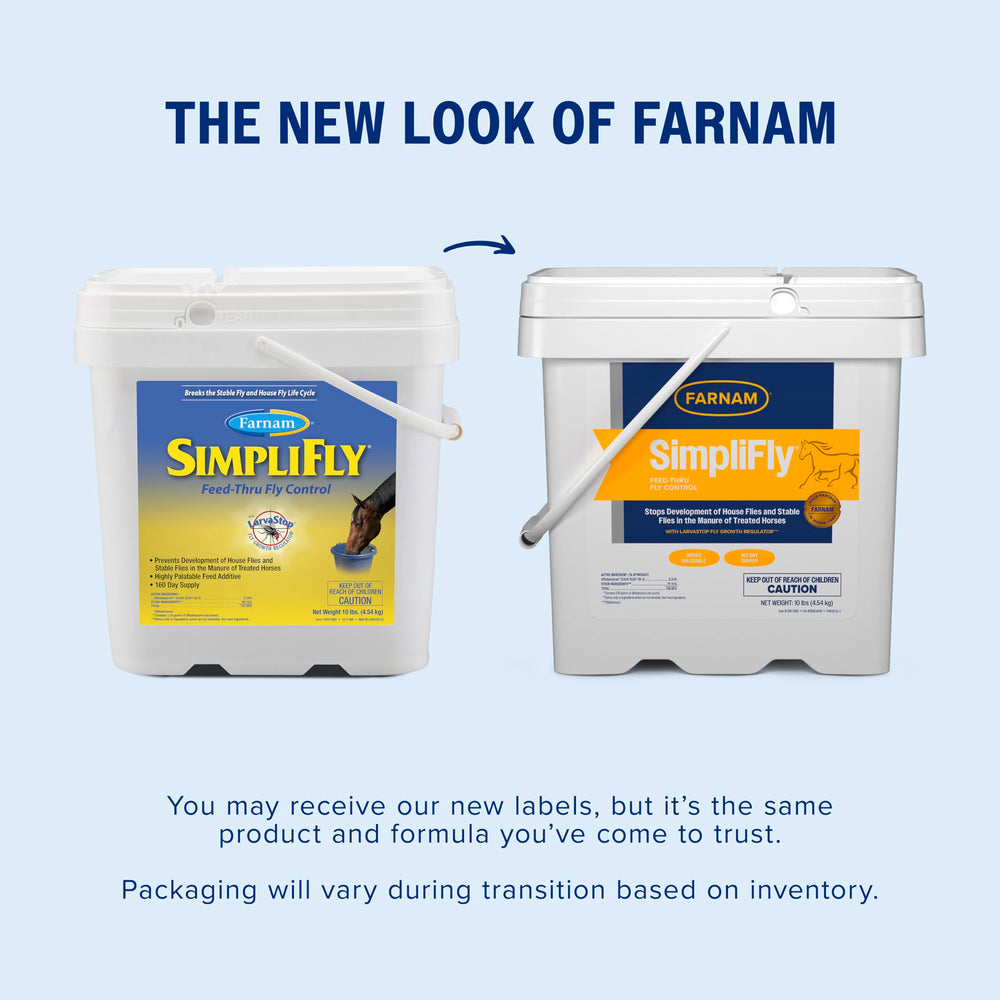 Farnam SimpliFly 10 lb bucket shown for daily feeding program.