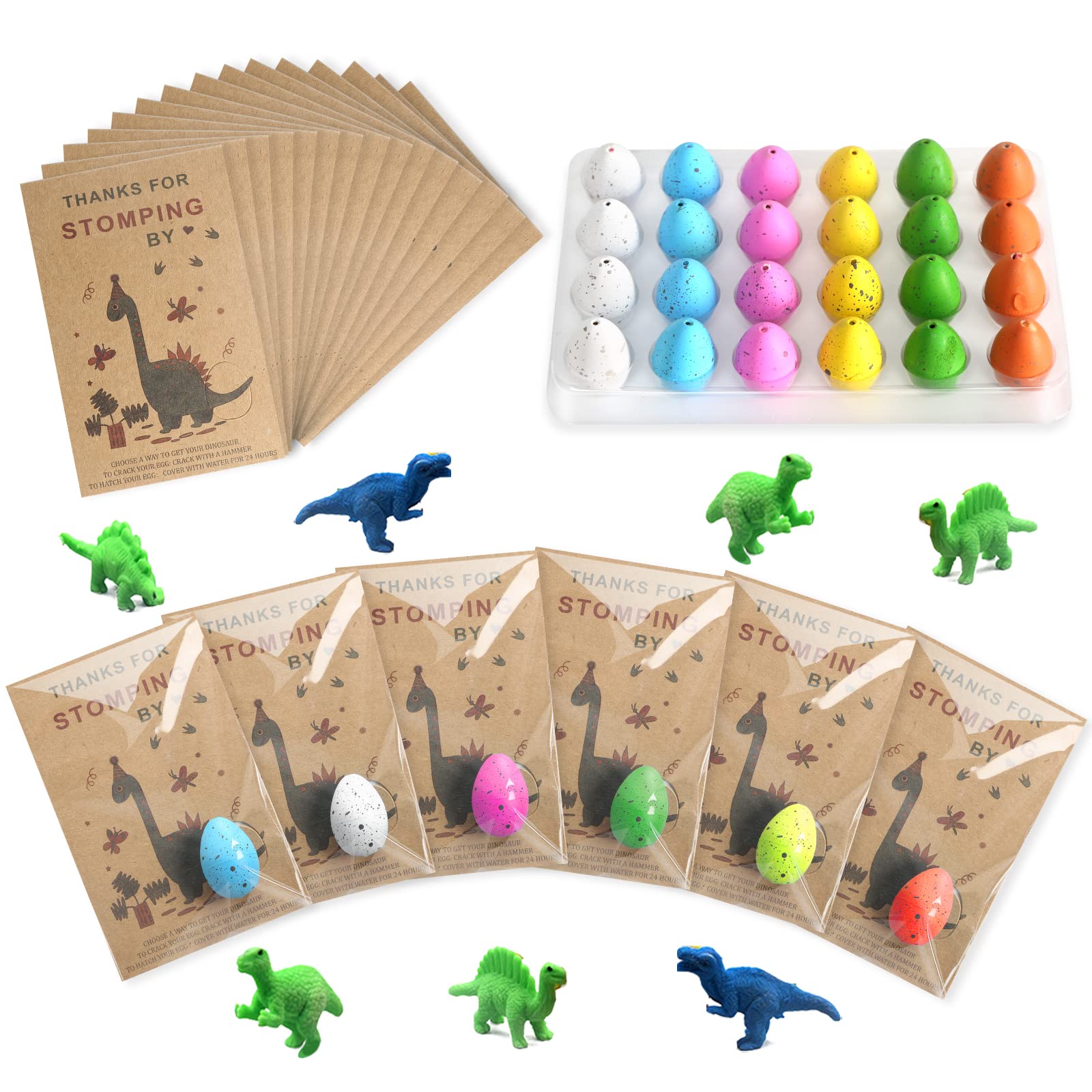 FASBET dinosaur party favors with hatchable eggs and cards for kids' birthday celebrations.
