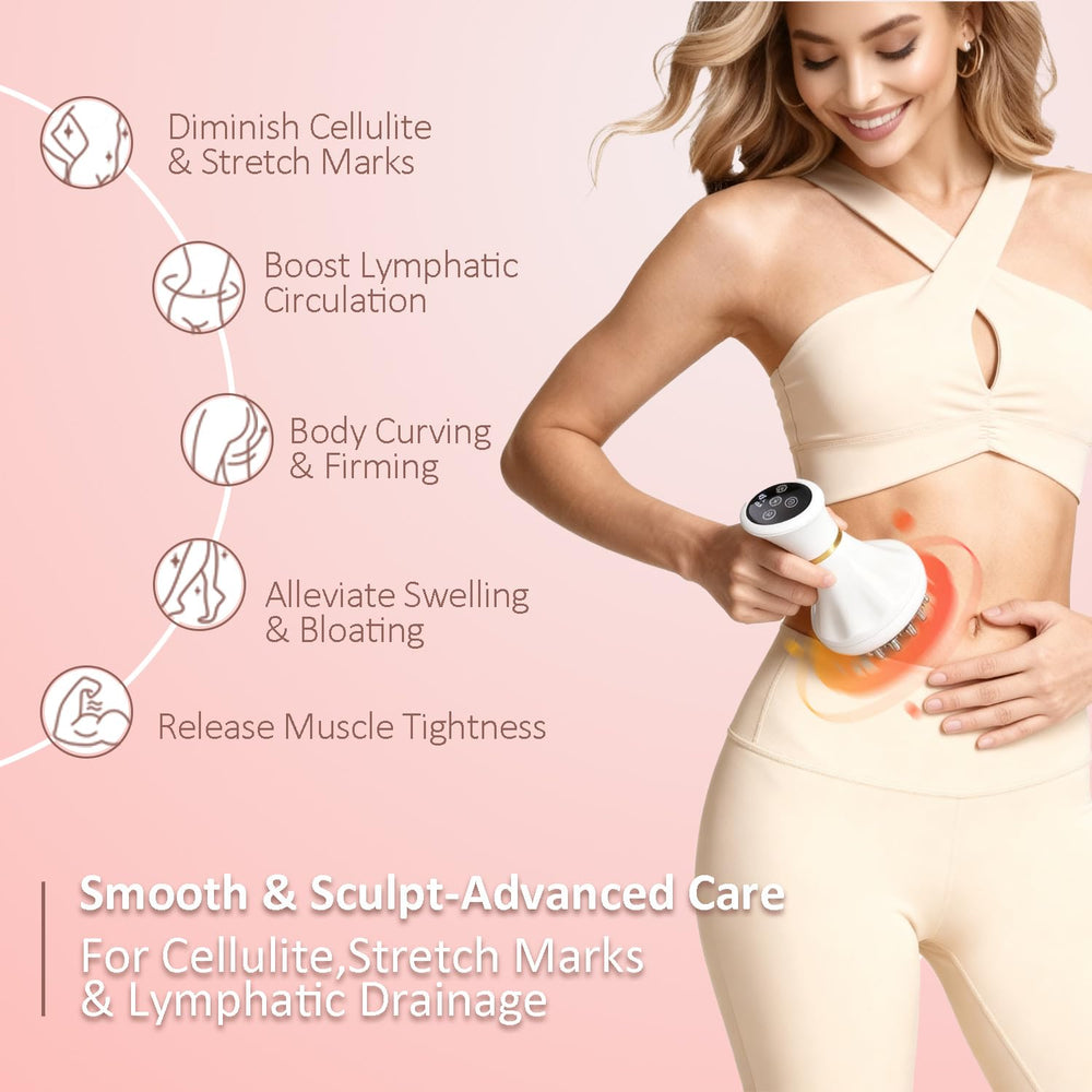 FASCITONE Lymphatic Drainage Massager microcurrent display aiding circulation and texture improvement.