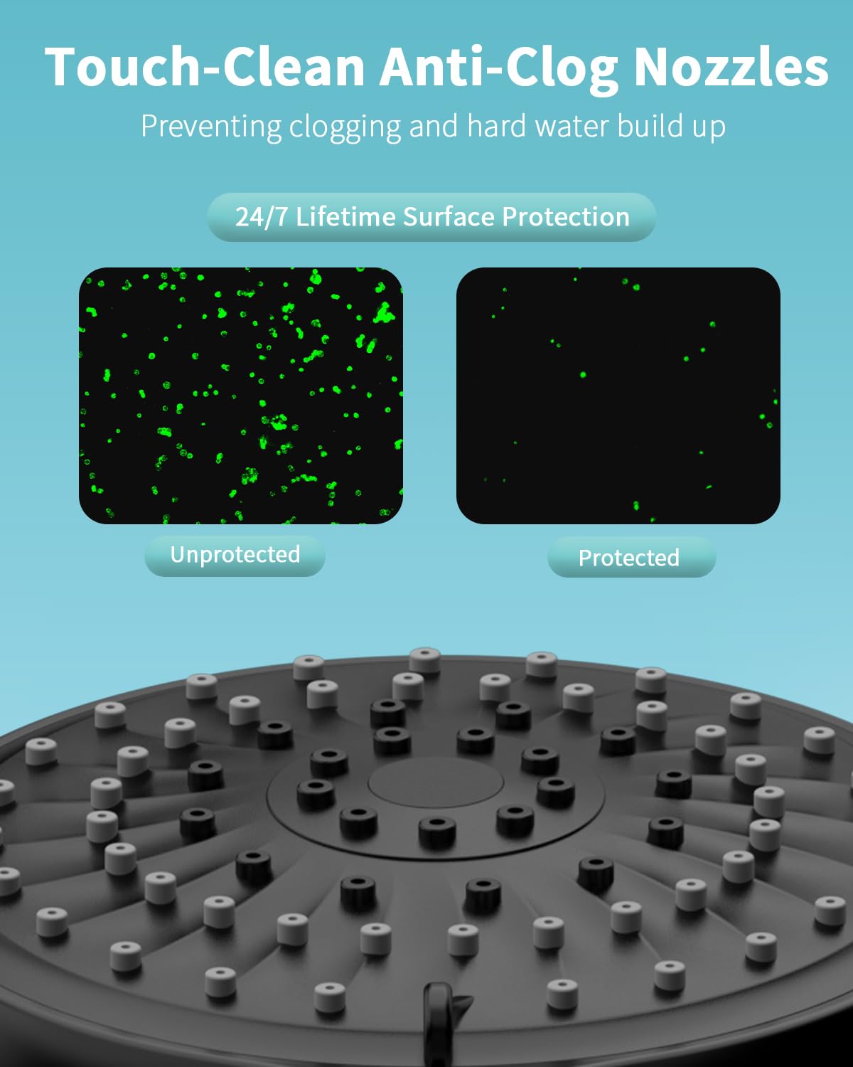 FASDUNT shower head with on/off pause for easy water control during baths.