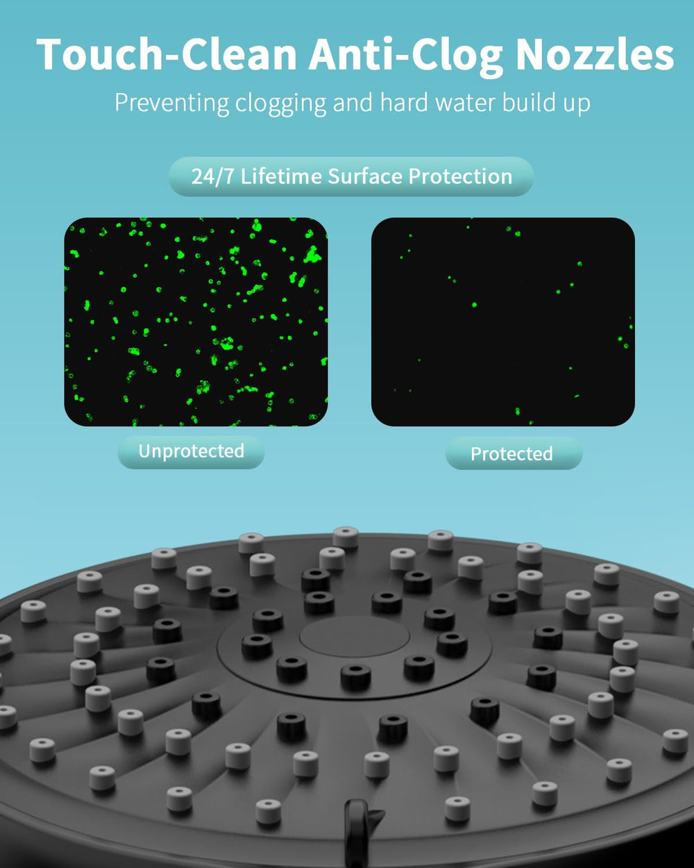 FASDUNT shower head with on/off pause for easy water control during baths.