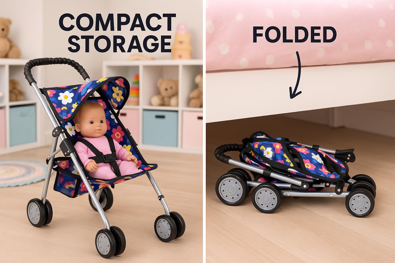 Fash N Kolor doll stroller storage basket keeps small accessories organized