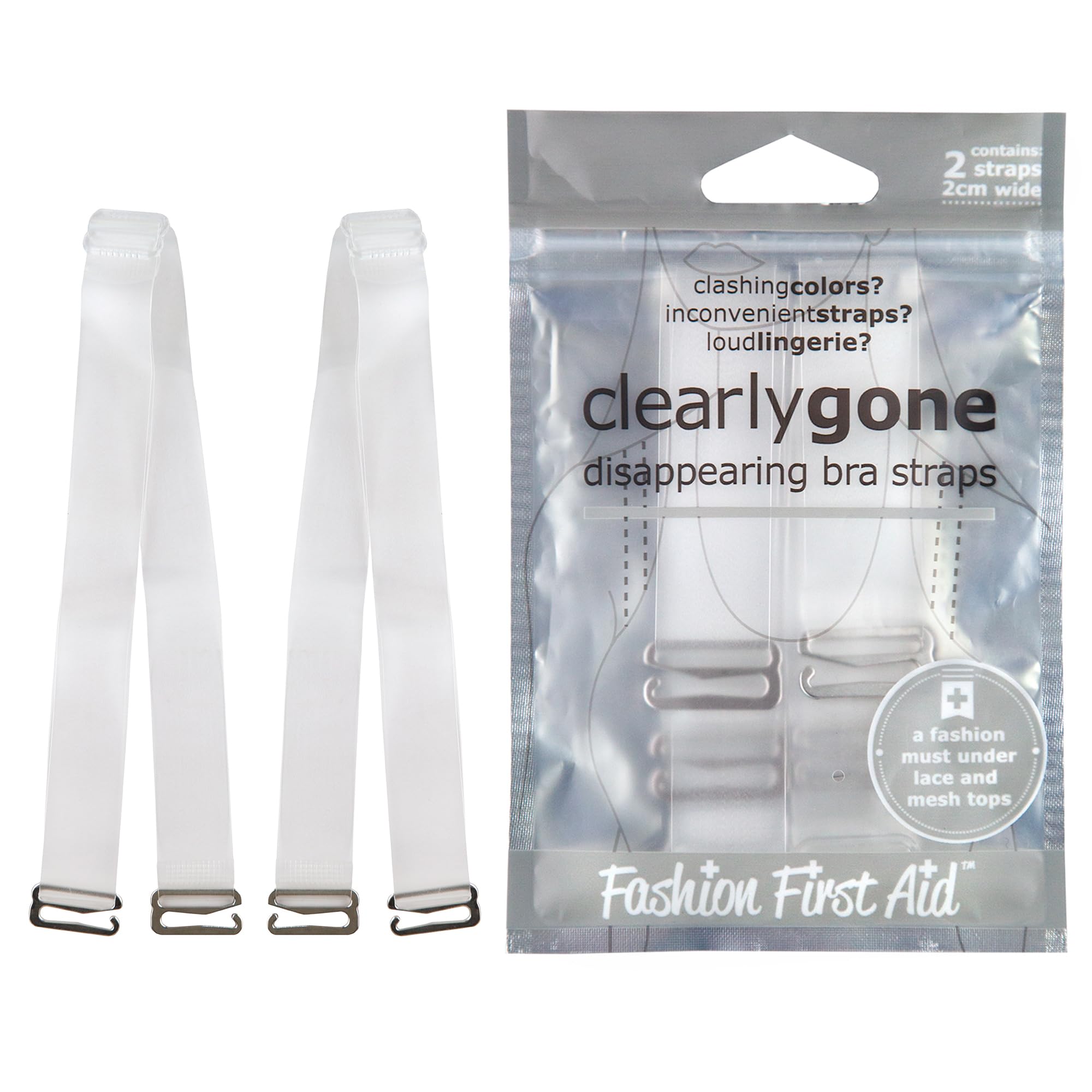 Fashion First Aid clear bra straps with matte finish for discreet support.