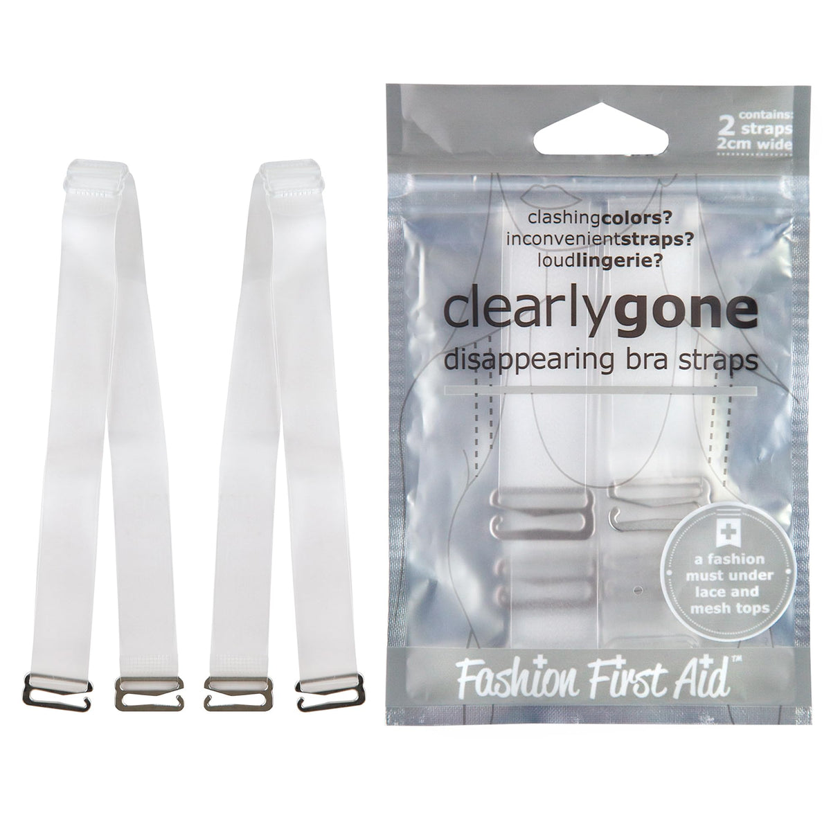 Fashion First Aid clear bra straps with matte finish for discreet support.