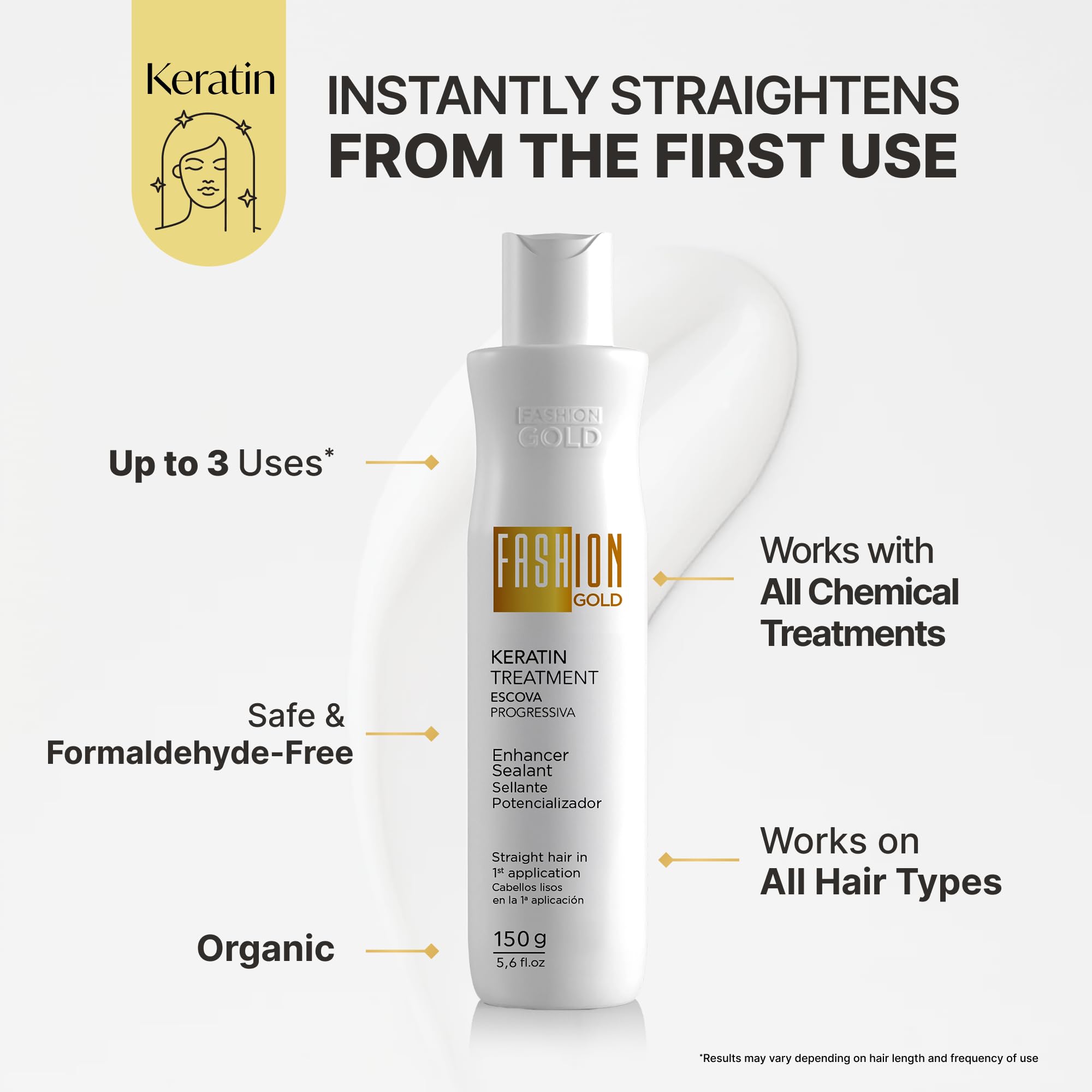 Fashion Gold Brazilian blowout application demonstrates at-home smoothing process.