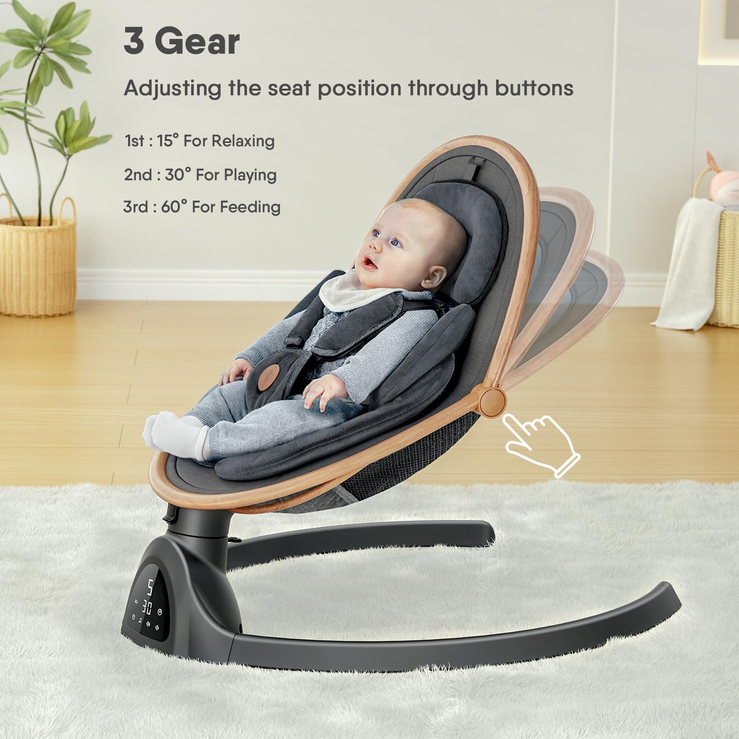 FasonBaby swing showing three seat positions for feeding and play