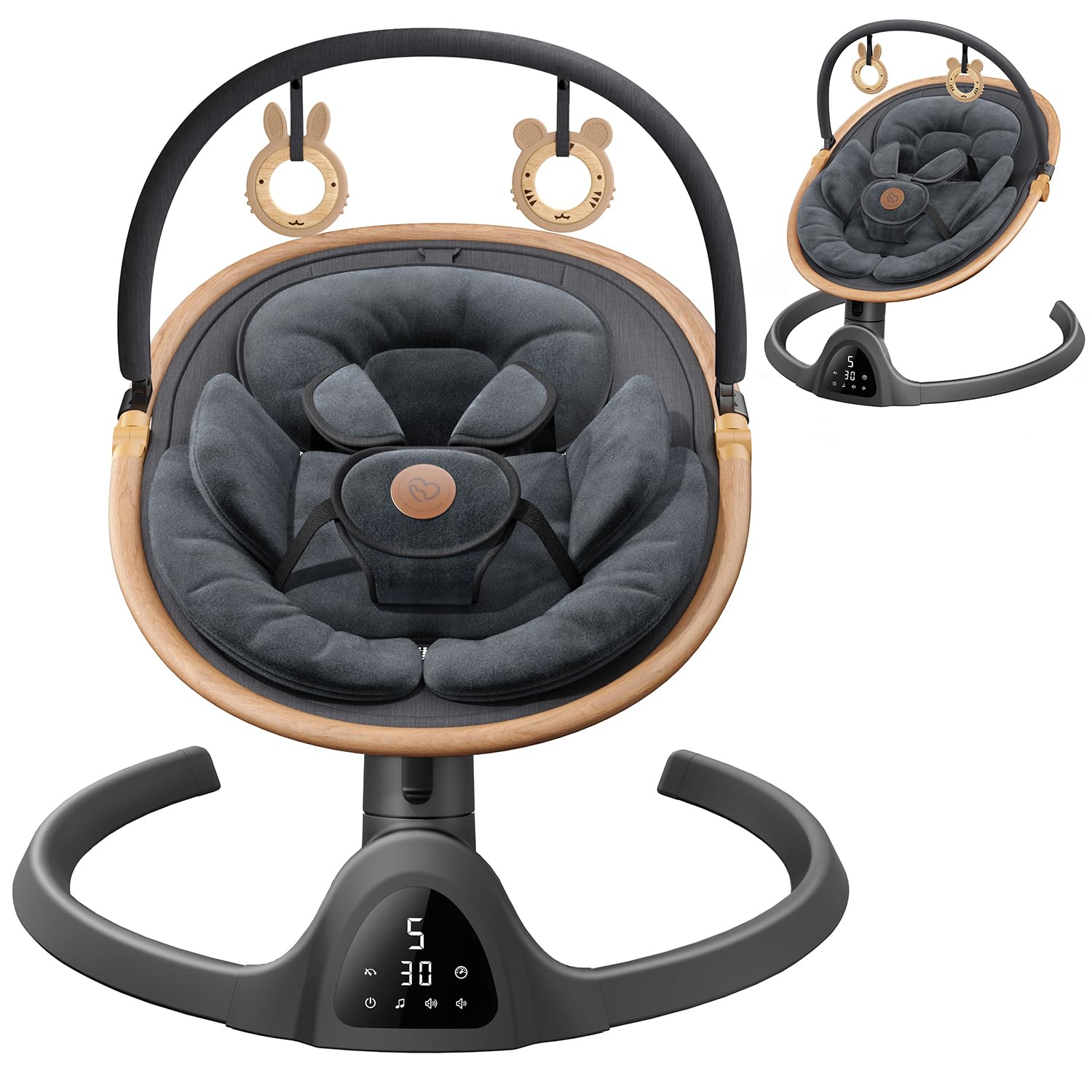 FasonBaby baby swing with wood-grain design enhances nursery aesthetics
