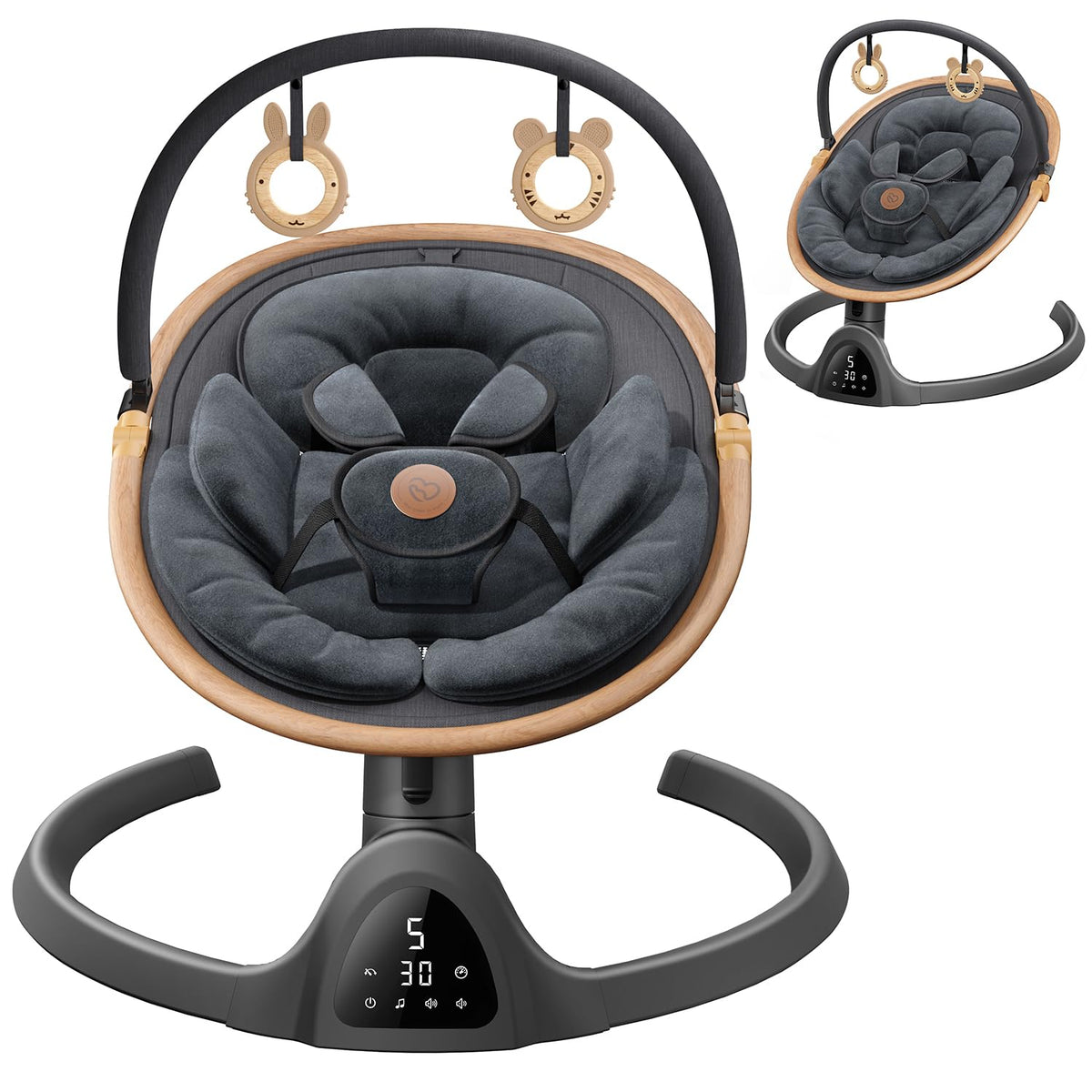 FasonBaby baby swing with wood-grain design enhances nursery aesthetics