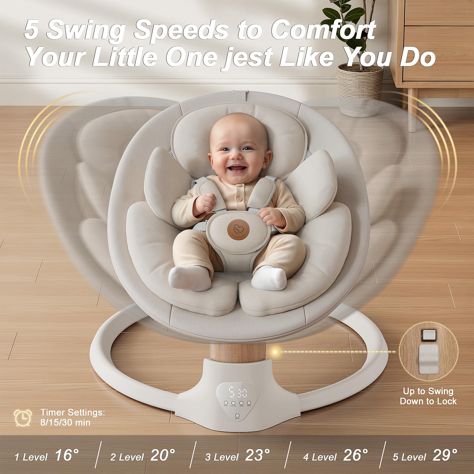 FasonBaby swing showing five speed settings for customizable motion