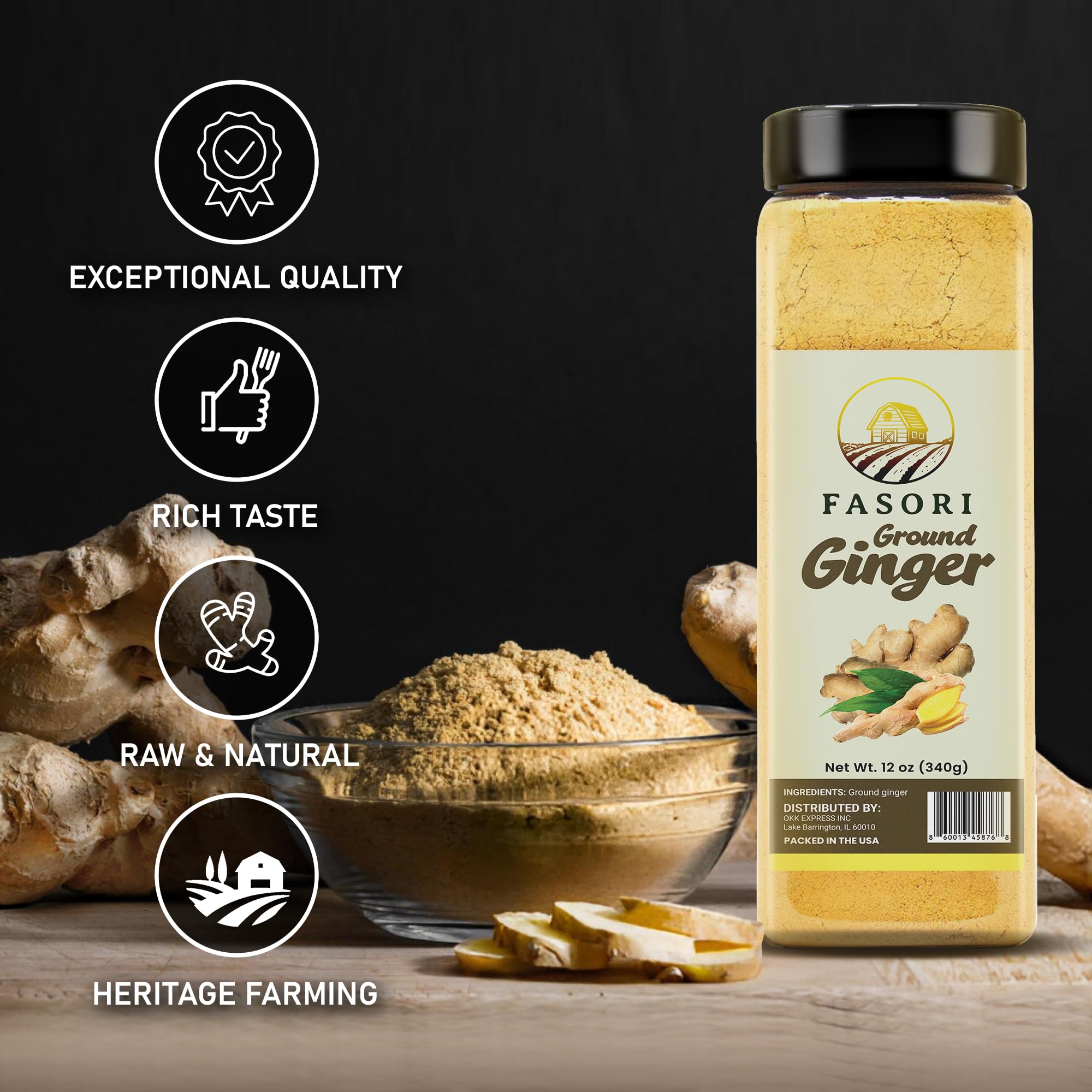 Fasori Ground Ginger Powder on a spice rack, pantry essential for curries.