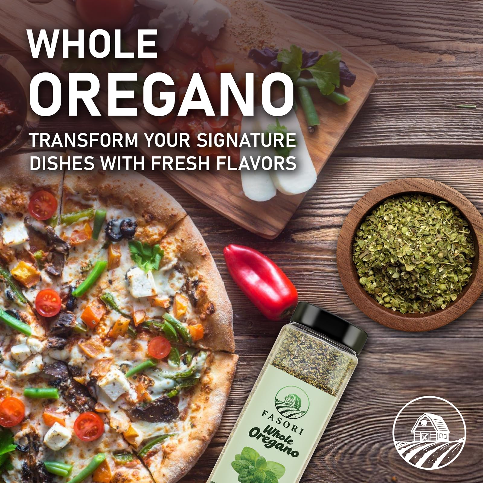 Fasori Oregano in a cozy kitchen scene with garlic and herbs showing versatility