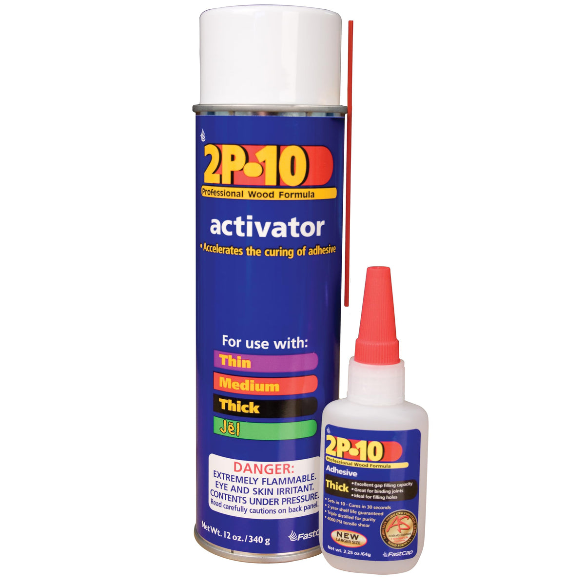 FastCap 2P-10 adhesive bottle for quick, durable bonds on wood and plastic.