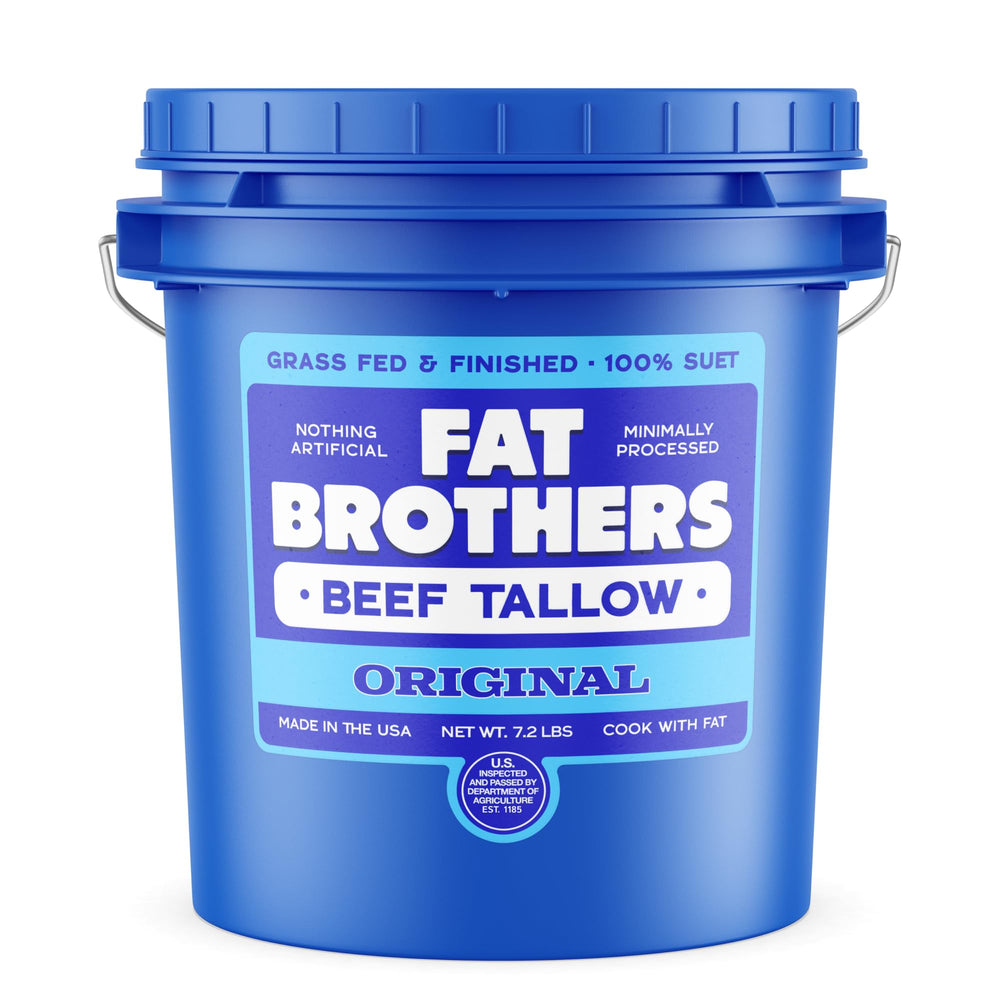 Fat Brothers grass-fed beef tallow in a reusable 7.2 lb pail for high-heat cooking