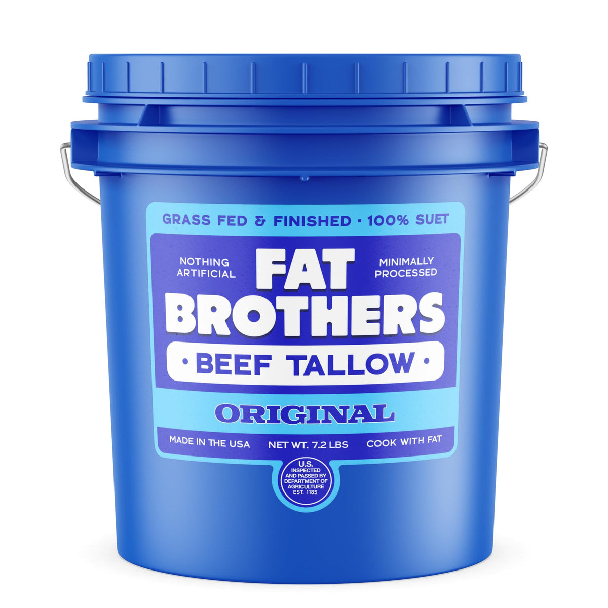 Fat Brothers grass-fed beef tallow in a reusable 7.2 lb pail for high-heat cooking