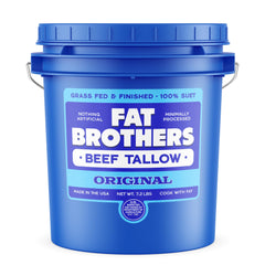 Fat Brothers grass-fed beef tallow in a reusable 7.2 lb pail for high-heat cooking