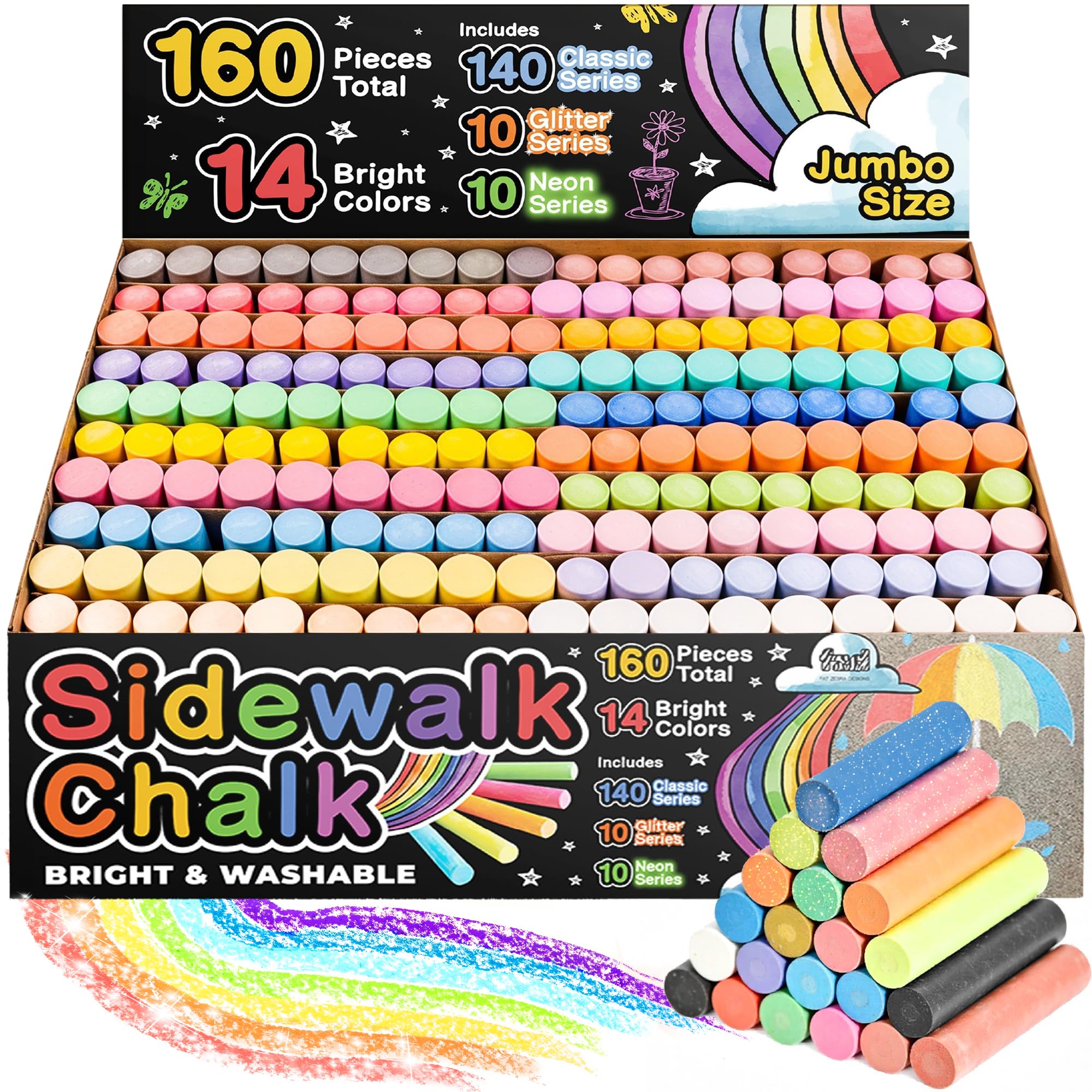 Fat Zebra Designs 160-pcs color variety sidewalk chalk for bold outdoor art
