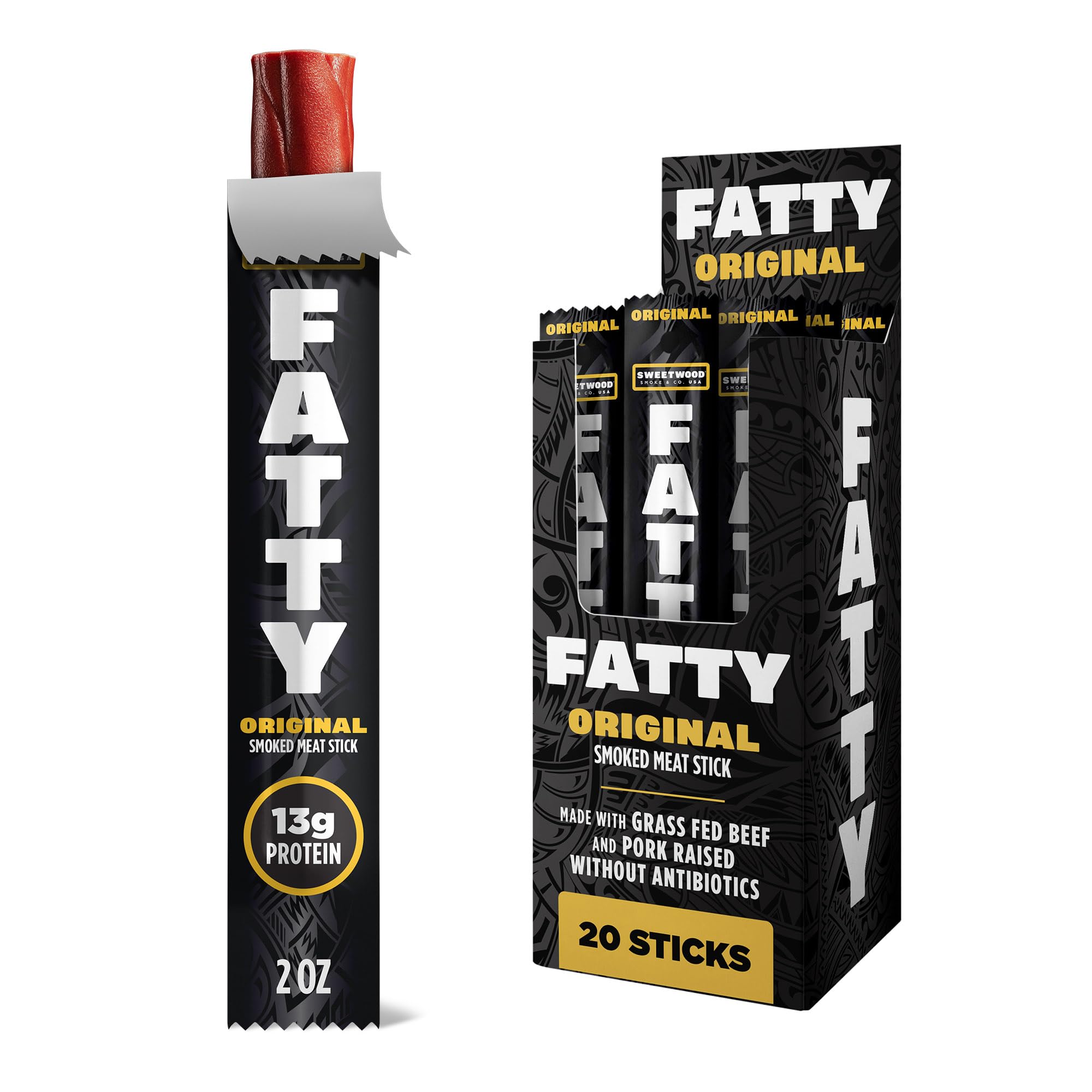 Fatty Meat Sticks original 20-pack packaging for convenient snacking.