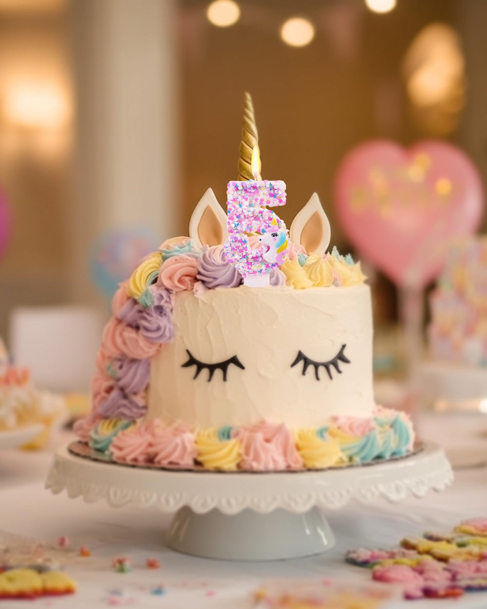 Fauaoy multicolor unicorn candles with sequins highlight celebratory desserts.