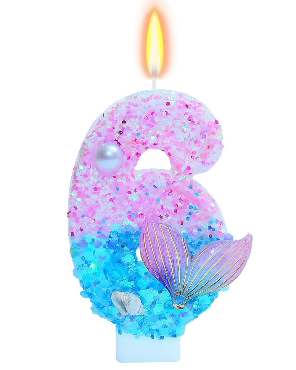Fauaoy Mermaid Candle number 6 close-up with glitter for birthdays.