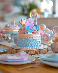 Fauaoy Mermaid party decor candles arranged for festive setting.